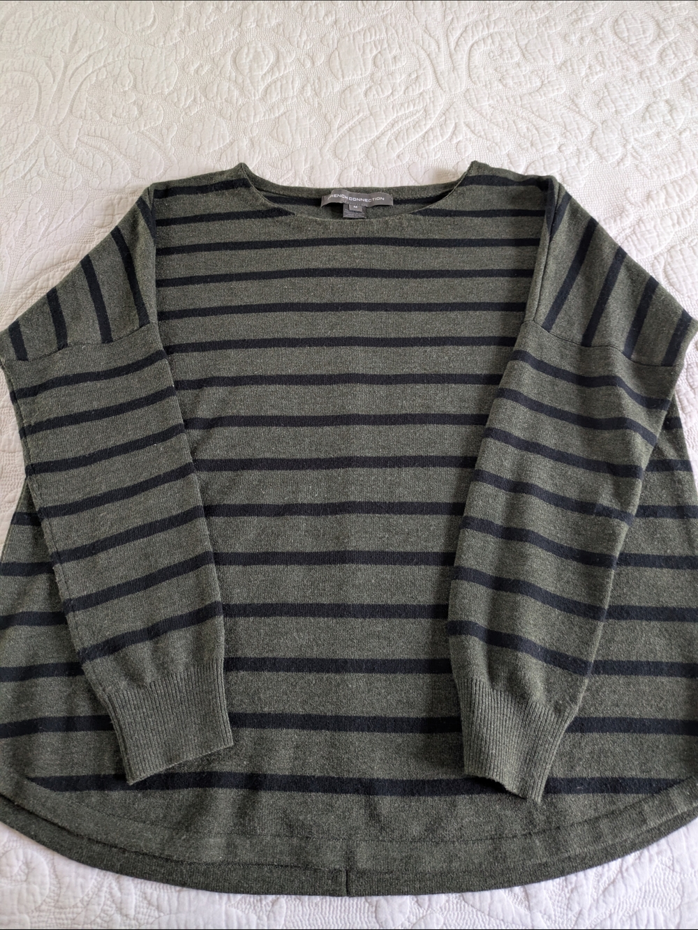 French Connection Olive Green and Black Striped Crewneck Sweater
